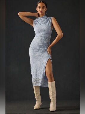 NEW Anthropologie The Maya Ruched Cowl-Neck Blue Midi Dress Lace Size S Bodycone